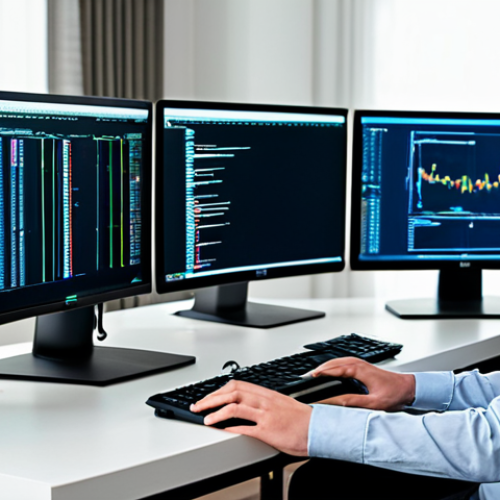 A focused young professional, fully clothed in a modest long-sleeved shirt and trousers, sits at a desk in a clean, modern home office. Their well-formed hands are positioned over a keyboard, with multiple computer screens displaying cybersecurity tools, code, and network diagrams, illustrating hands-on practical learning. The setting is bright and conducive to study, emphasizing continuous practice in a personal virtual lab. perfect anatomy, correct proportions, natural pose, well-formed hands, proper finger count, natural body proportions, safe for work, appropriate content, fully clothed, professional, high-quality professional photography.