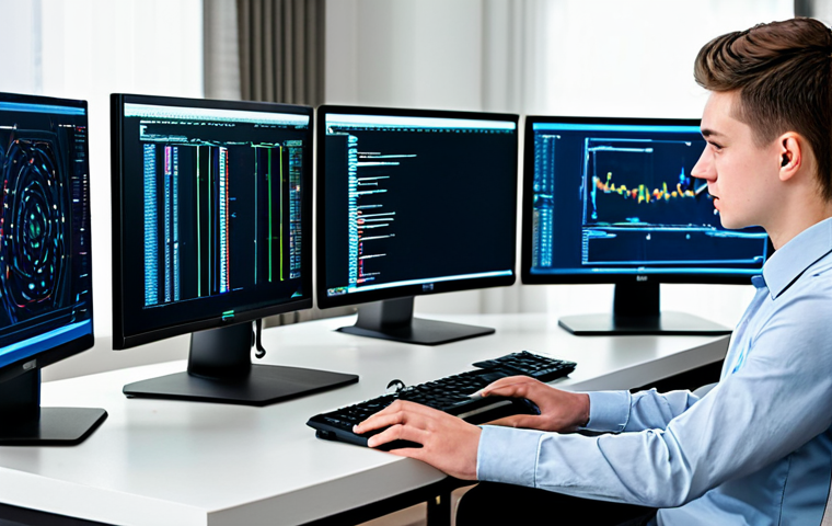 A focused young professional, fully clothed in a modest long-sleeved shirt and trousers, sits at a desk in a clean, modern home office. Their well-formed hands are positioned over a keyboard, with multiple computer screens displaying cybersecurity tools, code, and network diagrams, illustrating hands-on practical learning. The setting is bright and conducive to study, emphasizing continuous practice in a personal virtual lab. perfect anatomy, correct proportions, natural pose, well-formed hands, proper finger count, natural body proportions, safe for work, appropriate content, fully clothed, professional, high-quality professional photography.
