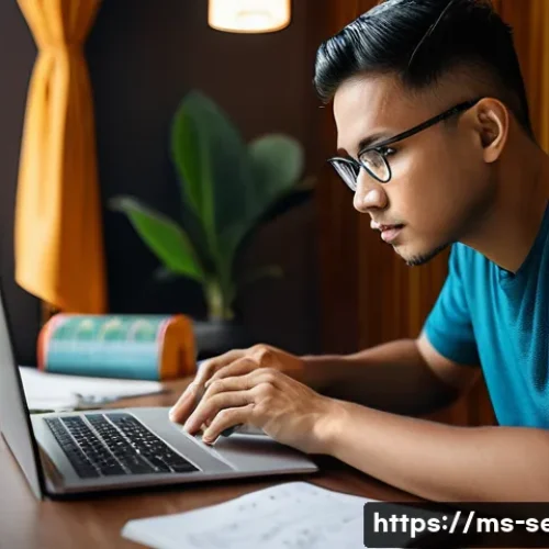 Home 32 정보보안 실기 시험 대비 시스템 해킹 공부법 - A focused young Malay man sitting at a modern desk in a cozy room with traditional Malay decorative ...