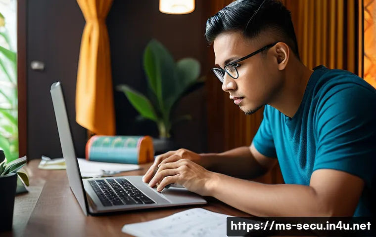 정보보안 실기 시험 대비 시스템 해킹 공부법 - A focused young Malay man sitting at a modern desk in a cozy room with traditional Malay decorative ...