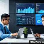 Home 19 정보보안 실무에서 요구되는 필수 기술 정리 - A modern Malaysian office environment showing a diverse team of cybersecurity professionals collabor...