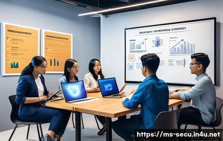 정보보안기사 취득을 위한 추천 학습 자료 - A detailed professional office setting in Malaysia showing a diverse group of young adults studying ...