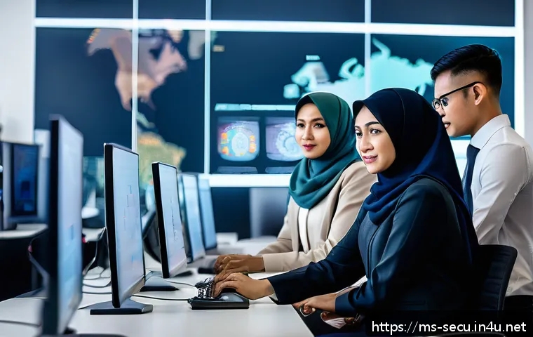 정보보안기사 취득 후 대기업 취업 성공 사례 - A modern Malaysian office environment showing a diverse group of young professionals collaborating o...